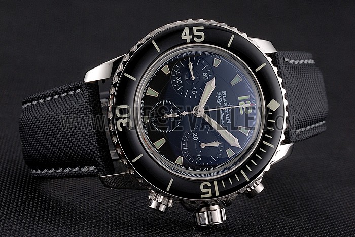 Swiss Blancpain Fifty Fathoms Flyback Chronograph Black Dial Black Bezel Stainless Steel Case Black Canvas Strap