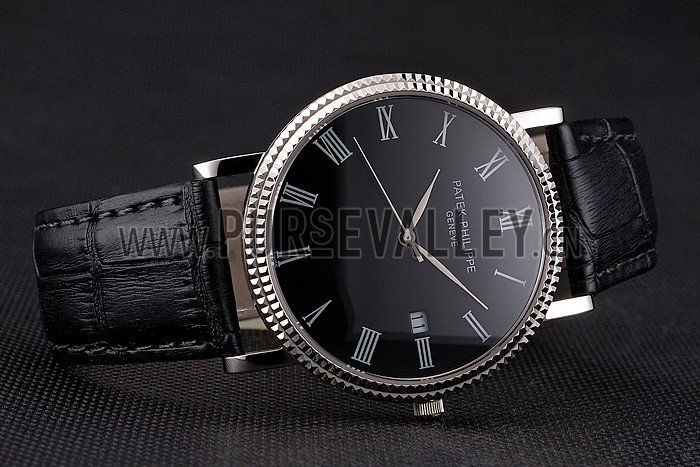 Patek Philippe Calatrava Black Dial Roman Numerals Ribbed Bezel Stainless Steel Case Black Leather Strap