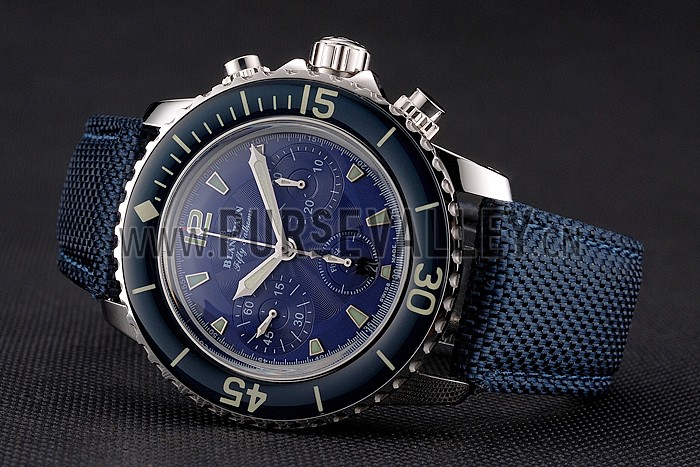 Swiss Blancpain Fifty Fathoms Flyback Chronograph Blue Dial Blue Bezel Stainless Steel Case Blue Canvas Strap