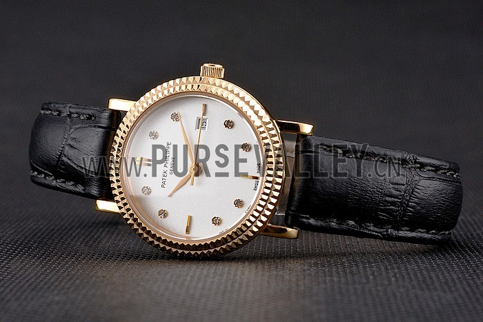 Patek Philippe Calatrava White Dial Diamond Hour Marks Double Ribbed Bezel Gold Case Black Leather Strap