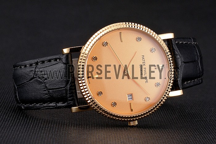 Patek Philippe Calatrava Gold Dial Diamond Hour Marks Ribbed Bezel Gold Case Black Leather Strap