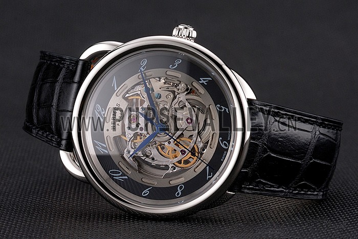 Swiss Hermes Arceau Skeleton Black Dial Blue Hands Stainless Steel Case Black Leather Strap