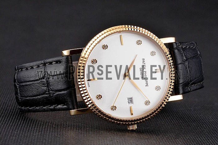 Patek Philippe Calatrava White Dial Diamond Hour Marks Ribbed Bezel Gold Case Black Leather Strap