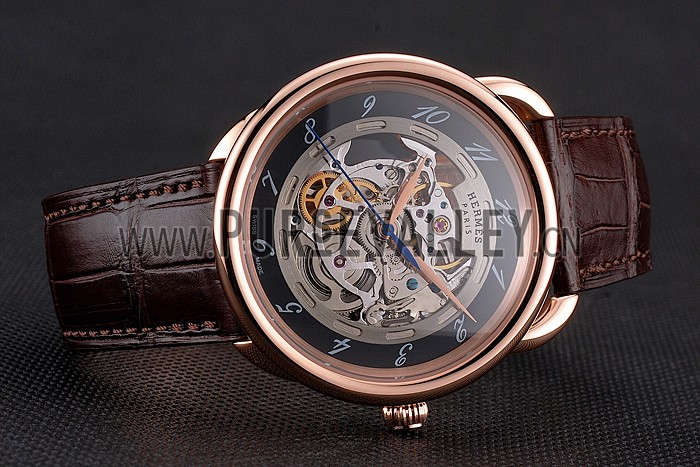 Swiss Hermes Arceau Skeleton Black Dial Brown Hands Rose Gold Case Brown Leather Strap