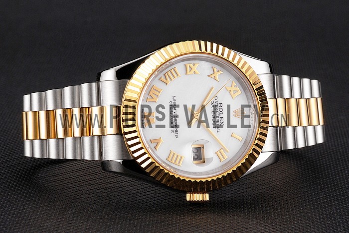 Swiss Rolex Datejust White Dial Roman Numerals Gold Bezel Stainless Steel Case Two Tone Bracelet