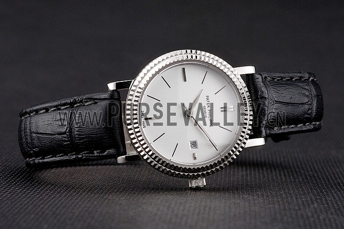 Patek Philippe Calatrava White Dial Double Ribbed Bezel Stainless Steel Case Black Leather Strap