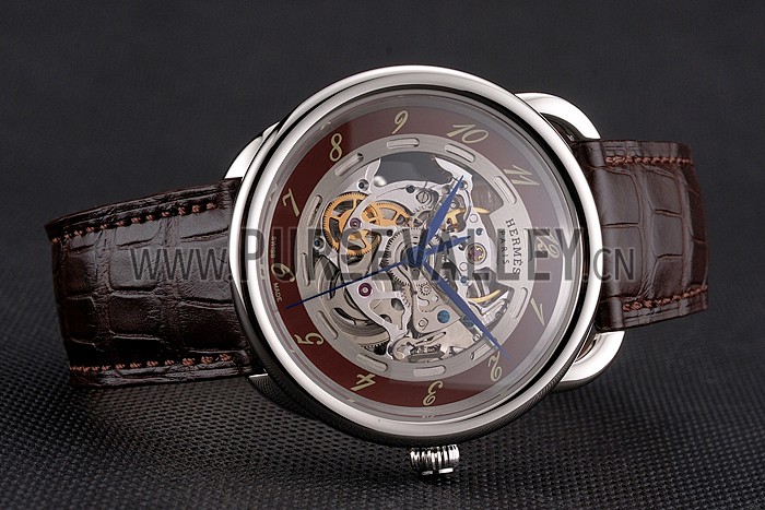 Swiss Hermes Arceau Skeleton Brown Dial Blue Hands Stainless Steel Case Brown Leather Strap