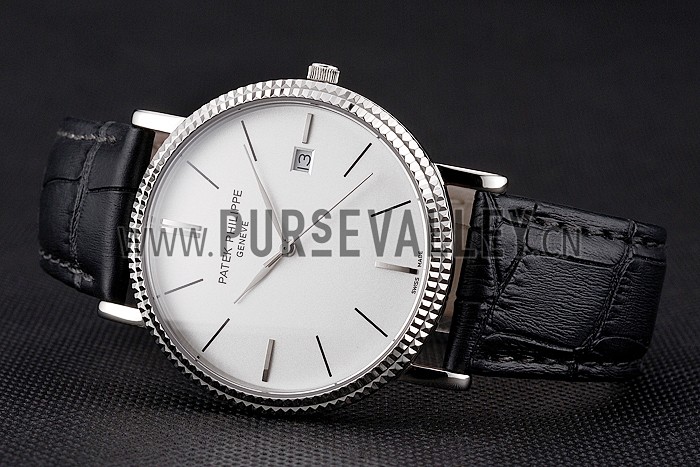 Patek Philippe Calatrava White Dial Ribbed Bezel Stainless Steel Case Black Leather Strap