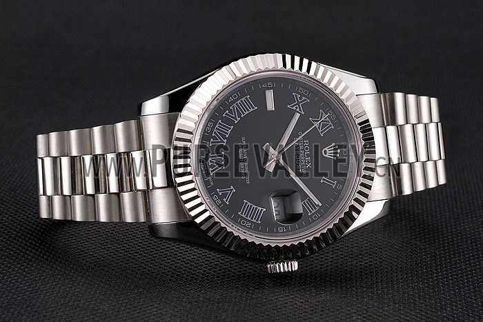 Swiss Rolex Datejust Black Dial Roman Numerals Stainless Steel Case And Bracelet