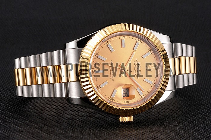 Swiss Rolex Datejust Gold Dial Gold Bezel Stainless Steel Case Two Tone Bracelet
