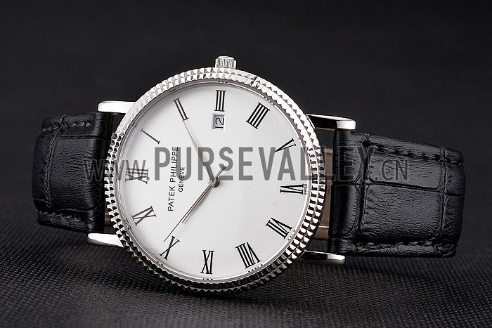 Patek Philippe Calatrava White Dial Roman Numerals Ribbed Bezel Stainless Steel Case Black Leather Strap