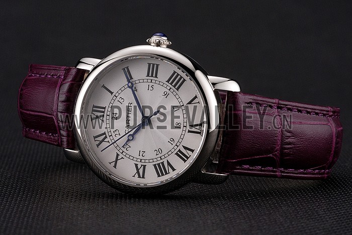 Cartier Ronde White Dial Stainless Steel Case Purple Leather Strap