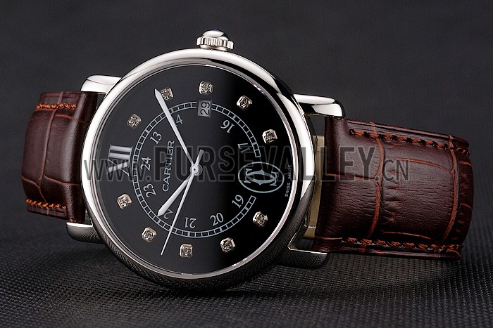 Cartier Ronde Solo Black Dial Diamond Hour Marks Stainless Steel Case Brown Leather Strap