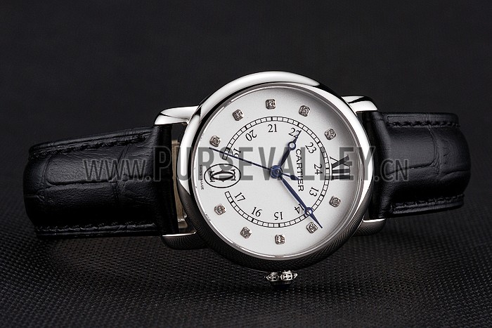 Cartier Ronde White Dial Diamond Hour Marks Stainless Steel Case Black Leather Strap