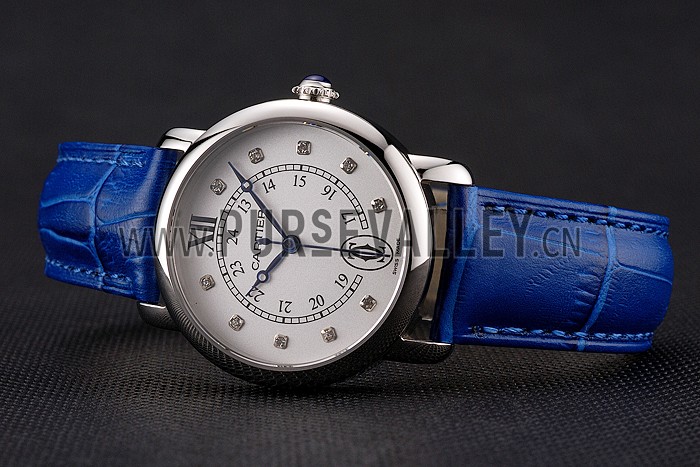 Cartier Ronde White Dial Diamond Hour Marks Stainless Steel Case Blue Leather Strap