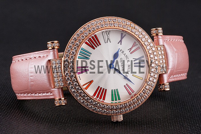 Franck Muller Double Mistery Ronde White Dial Rose Gold Case Light Pink Leather Strap