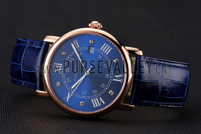 Cartier Ronde Solo Blue Dial Diamond Hour Marks Rose Gold Case Blue Leather Strap