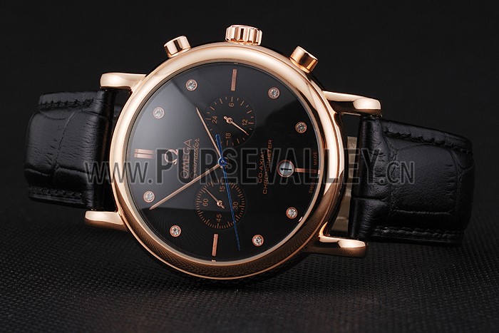 Omega Seamaster Vintage Chronograph Black Dial Diamond Hour Marks Rose Gold Case Black Leather Strap