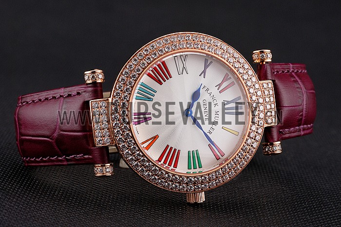 Franck Muller Double Mistery Ronde White Dial Rose Gold Case Plum Leather Strap