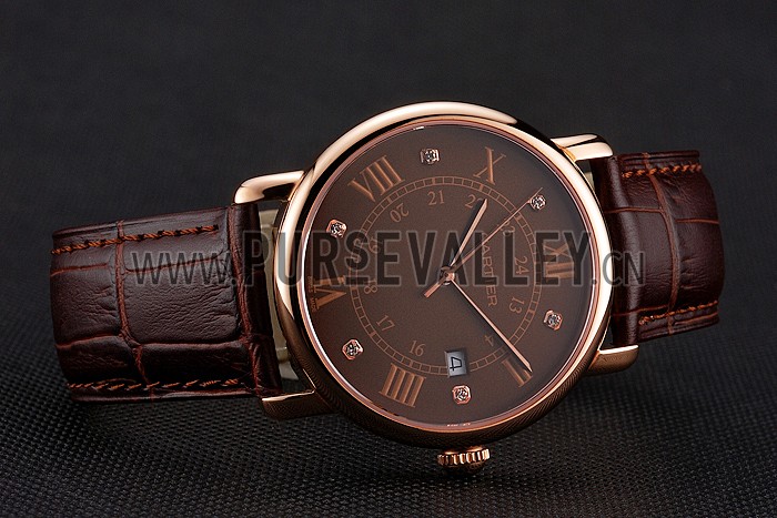 Cartier Ronde Solo Brown Dial Diamond Hour Marks Rose Gold Case Brown Leather Strap