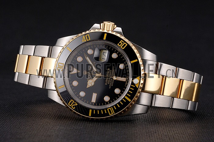 Swiss Rolex Submariner Black Dial And Bezel Two Tone Steel Gold Bracelet