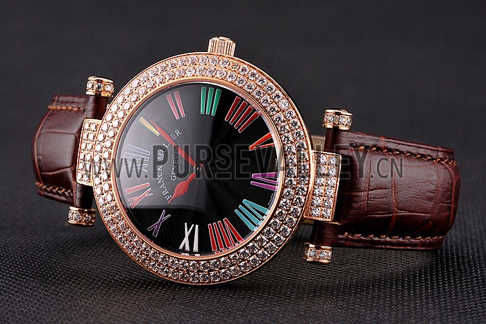 Franck Muller Double Mistery Ronde Black Dial Rose Gold Case Brown Leather Strap