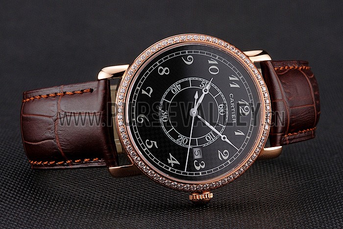 Cartier Ronde Solo Black Dial Diamond Bezel Rose Gold Case Brown Leather Strap