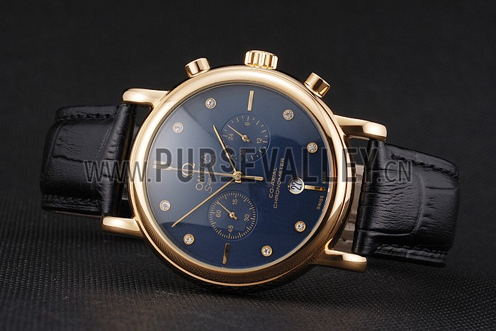 Omega Seamaster Vintage Chronograph Blue Dial Diamond Hour Marks Gold Case Black Leather Strap