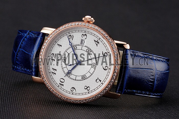Cartier Ronde Solo White Dial Diamond Bezel Rose Gold Case Blue Leather Strap
