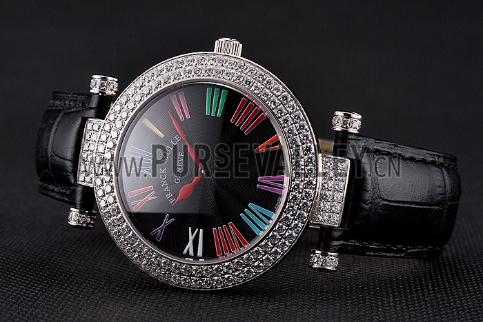 Franck Muller Double Mistery Ronde Black Dial Stainless Steel Case Black Leather Strap