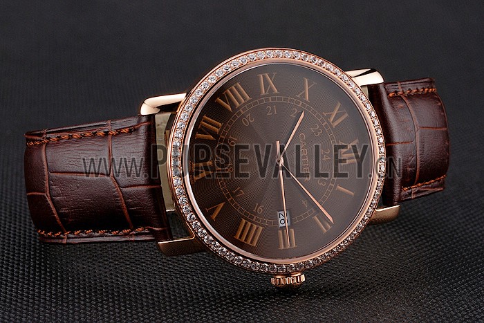 Cartier Ronde Solo Brown Dial Diamond Bezel Rose Gold Case Brown Leather Strap