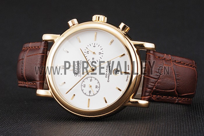 Omega Seamaster Vintage Chronograph White Dial Gold Case Brown Leather Strap