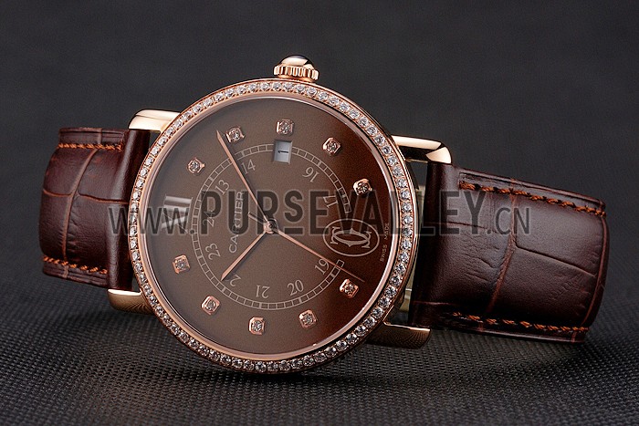 Cartier Ronde Solo Brown Dial Diamond Hour Marks And Bezel Rose Gold Case Brown Leather Strap