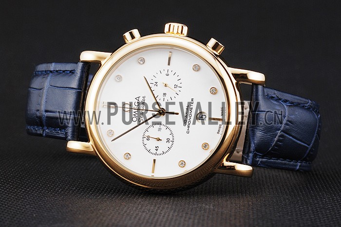 Omega Seamaster Vintage Chronograph White Dial Diamond Hour Marks Gold Case Blue Leather Strap