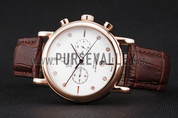 Omega Seamaster Vintage Chronograph White Dial Diamond Hour Marks Rose Gold Case Brown Leather Strap