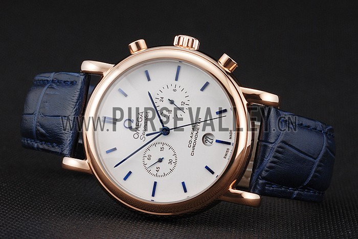Omega Seamaster Vintage Chronograph White Dial Blue Hour Marks Rose Gold Case Blue Leather Strap
