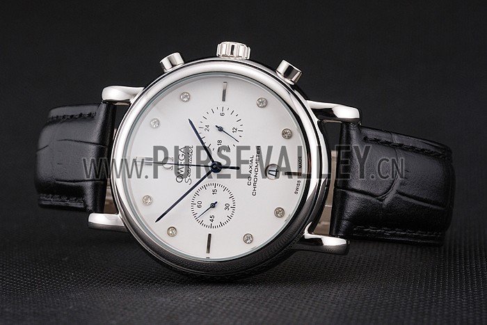 Omega Seamaster Vintage Chronograph White Dial Diamond Hour Marks Stainless Steel Case Black Leather Strap