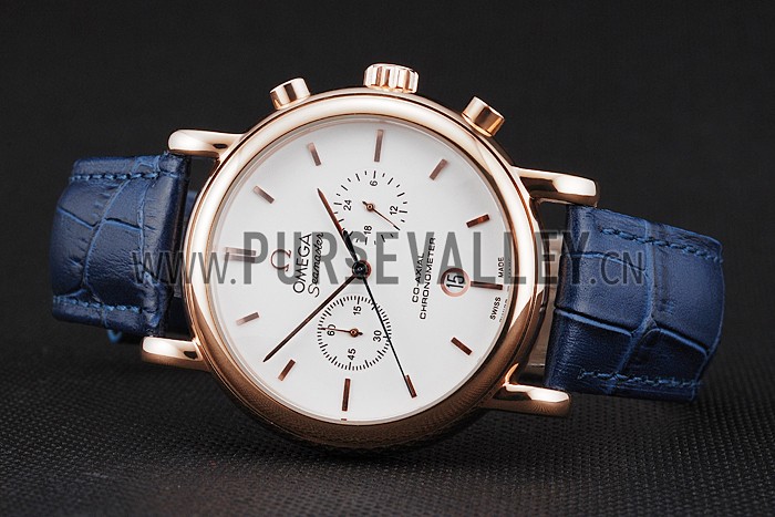 Omega Seamaster Vintage Chronograph White Dial Rose Gold Case Blue Leather Strap
