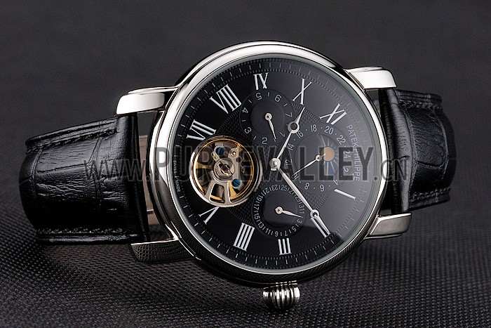 Patek Philippe Grand Complications Moonphase Perpetual Calendar Tourbillon Black Dial Stainless Steel Case Black Leather Strap
