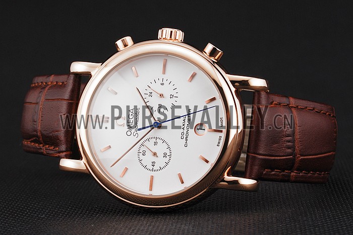 Omega Seamaster Vintage Chronograph White Dial Rose Gold Case Brown Leather Strap