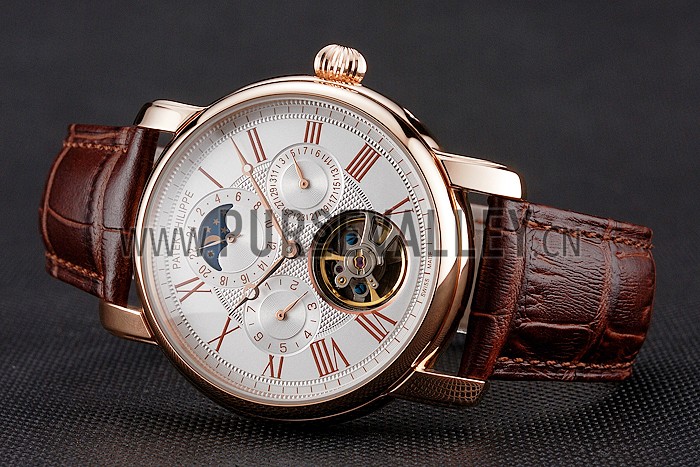 Patek Philippe Grand Complications Moonphase Perpetual Calendar Tourbillon White Dial Rose Gold Case Brown Leather Strap
