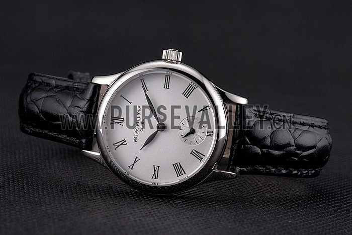 Patek Philippe Calatrava White Dial Roman Numerals Stainless Steel Case Black Leather Strap
