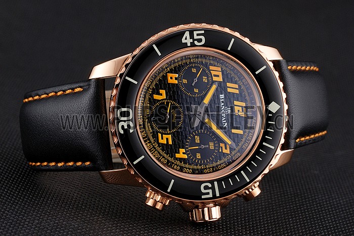 Swiss Blancpain Fifty Fathoms Flyback Chronograp Carbon Fiber Dial Rose Gold Case Black Leather Strap