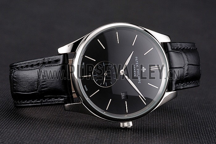 Patek Philippe Calatrava Date Black Dial Stainless Steel Case Black Leather Strap