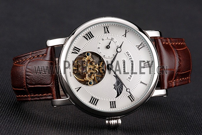 Patek Philippe Complications Moonphase Tourbillon White Dial Stainless Steel Case Brown Leather Strap