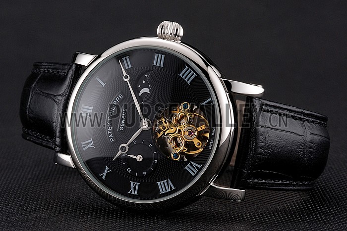 Patek Philippe Complications Moonphase Tourbillon Black Dial Stainless Steel Case Black Leather Strap