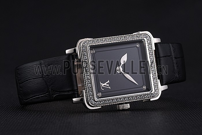 Louis Vuitton Emprise Black Dial Stainless Steel Case With Jewels Black Leather Strap 622789