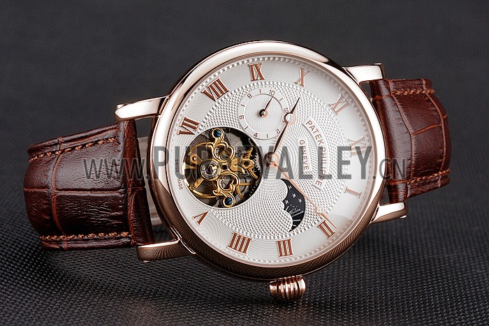 Patek Philippe Complications Moonphase Tourbillon White Dial Rose Gold Case Brown Leather Strap