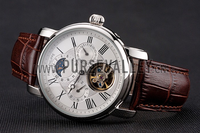 Patek Philippe Grand Complications Moonphase Perpetual Calendar Tourbillon White Dial Stainless Steel Case Brown Leather Strap