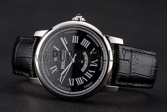 Swiss Cartier Rotonde Annual Calendar Black Dial Stainless Steel Case Black Leather Strap